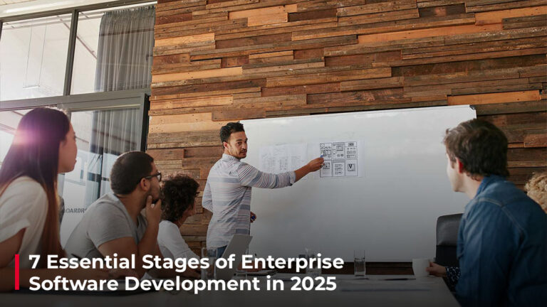 7 Essential Stages of Enterprise Software Development in 2025 Enterprise team members in an app design meeting