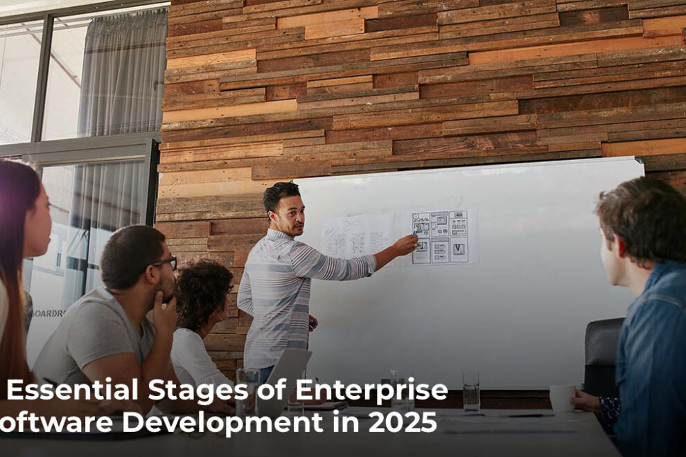 7 Essential Stages of Enterprise Software Development in 2025 Enterprise team members in an app design meeting