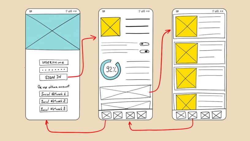 Sketch of mobile app design App development process