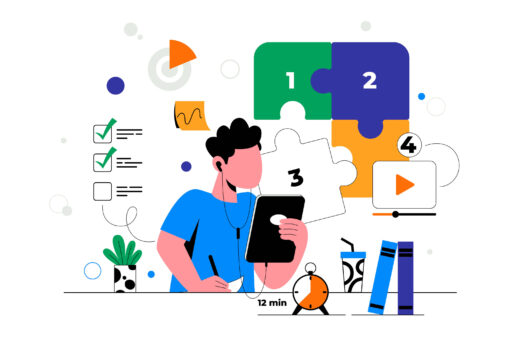 A person with a tablet surrounded by learning elements