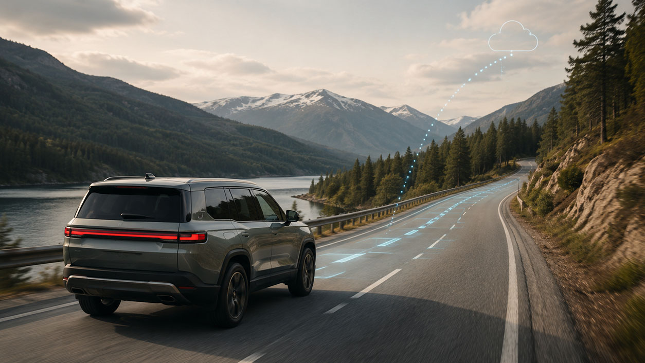 Generative AI and the Continuous Improvement Loop Rivian vehicle on the road connecting to cloud
